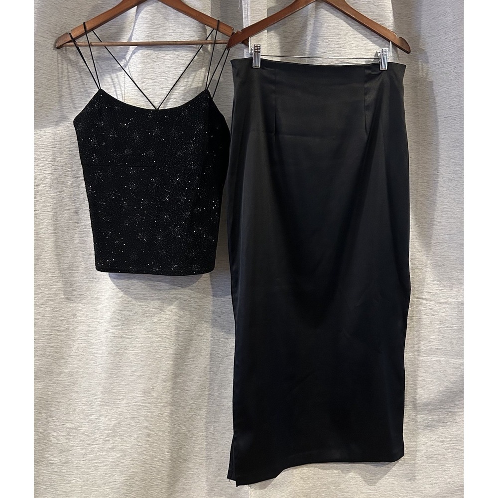 Vintage Byer Too 2 Piece Homecoming Set Black Sparkle Side Slit 90s Size 13